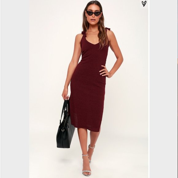 Rosaleen Burgundy Tie-Strap Ribbed Knit Midi Dress - Picture 3 of 8